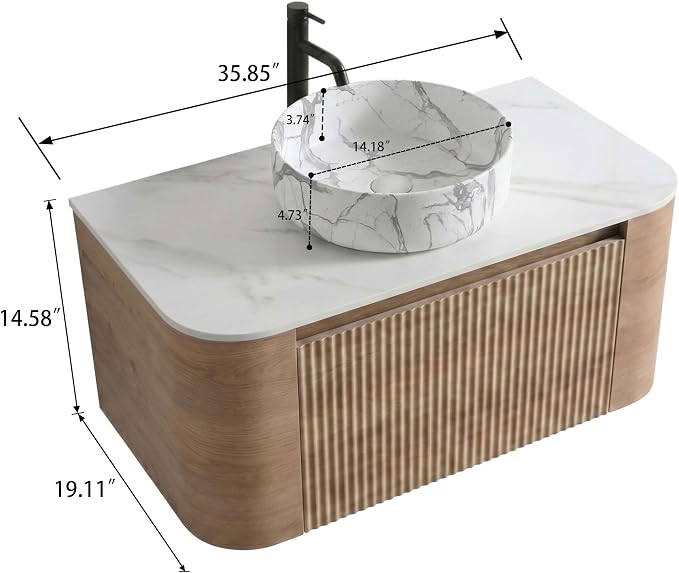 36" Preassembled Floating Bathroom Vanity with Carrara Finish Sink, Oak | Mid-Century Modern Style, Fluted & Soft-Close Drawer with U-shaped Wall, Sinterted Stone Countertop, Towel Rack Included
