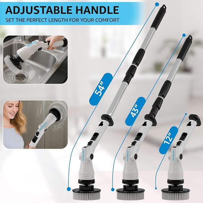 Electric Spin Scrubber, 3 Speeds 8 Heads Bathroom Cleaning Brush | 6-Angle Adjustable Head, 54" Extendable Handle, IPX6 Waterproof, Cordless, Shower Cleaner Brush for Tub Grout Tile Floor Car