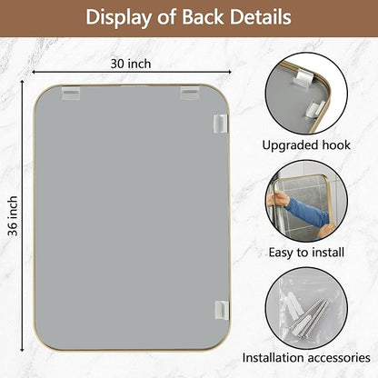 Gold Mirror, 30x36 Inch Framed Rectangle Mirror with Rounded Corner, Brushed Brass Mirror, Gold Bathroom Mirror for Over Sink, Vanity, Living Room, Bedroom, Horizontal/Vertical