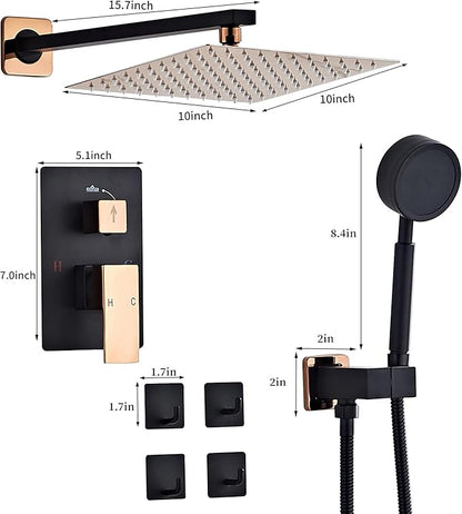 Black Gold Rainfall Shower Head, Wall Mounted 10 Inch Shower Heads with Handheld Spray Combo, Luxury Bathroom Square Rain Shower System, Solid Brass Pressure Balancd Shower Faucet Valve