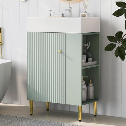 Merax Bathroom Vanity with Ceramic Sink, 21.6" Freestanding Bathroom Cabinet Vanity with Storage, Single Sink Small Vanity, Green