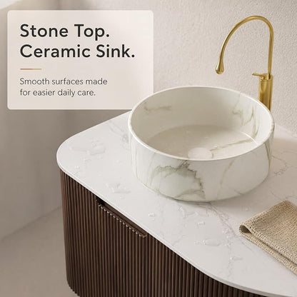 24 Inch Bathroom Vanity with Sink, Floating Wall Mounted Single Sink Vanity for Small Baths, Dark Walnut Curved Fluted Front, Stone Top, Marble-Look Round Vessel Basin, Pre-Assembled