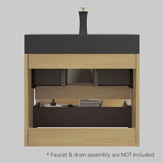 24" Floating Bathroom Vanity with Black Sink, Modern Bathroom Cabinet with Top and Soft Close Drawers, Spacious Storage for Small Space, Natural Oak - Lavanda Collection