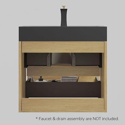 24" Floating Bathroom Vanity with Black Sink, Modern Bathroom Cabinet with Top and Soft Close Drawers, Spacious Storage for Small Space, Natural Oak - Lavanda Collection