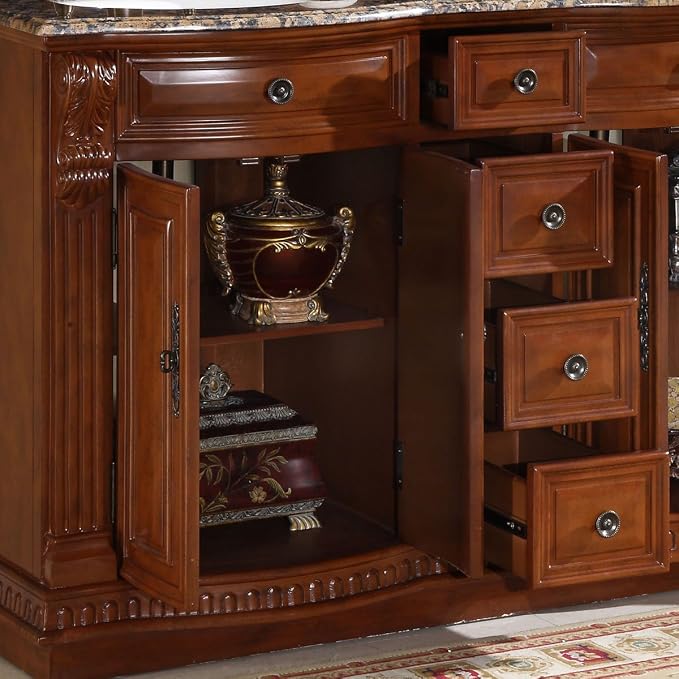 HYP-0223-BB-UWC-55 Granite Stone Top Double White Sink Bathroom Vanity with Furniture Cabinet, 55", Medium Wood
