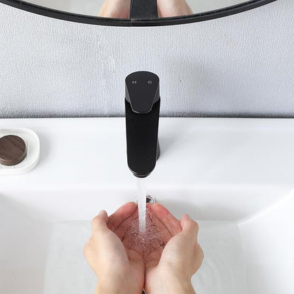 VAPSINT Black Bathroom Faucet 1 Hole, Matte Black Single Handle Bathroom Sink Faucet, Single Hole Stainless Steel Modern Vanity Faucets for Vessel RV with Water Supply Hoses and Pop Up Drain