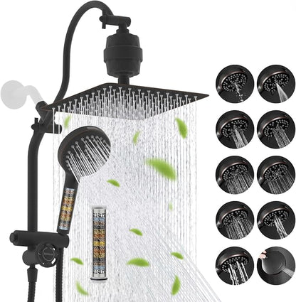 Hibbent 10" Dual Filtered 10" Rainfall Shower Head with Handheld 10-Spray | High Pressure Metal Oil-Rubbed Bronze Showerhead Combo with Filter, Extension Arm with 4-way Diverter, 71'' Hose & Holder
