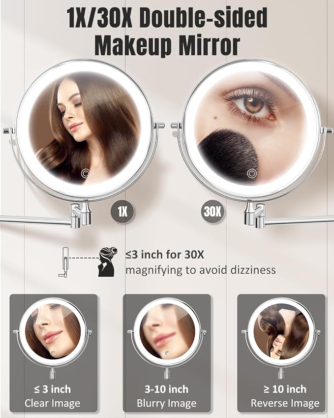 VFD 8'' 30X/1X Wall Mounted Lighted Magnifying Makeup Mirror with Lights | Double Sided Rechargeable Bathroom Mirror, 3 Color Lights Touch Dimmable Extended Arm 360 Rotation Light up Mirrors