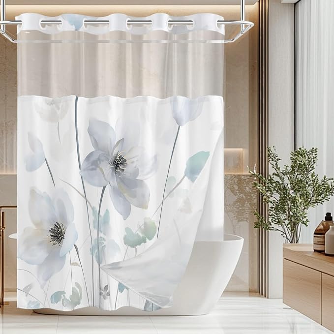 No Hook Shower Curtain and Liner Set, Light Blue Boho Floral 71x77 | Watercolor Boho Flower, with Snap in Liner, Mesh Top Window, Waterproof, Machine Washable, Quick-Drying, for Hotel Bathroom