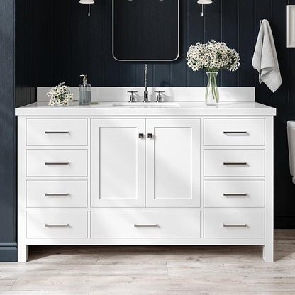 ARIEL Cambridge 60-inch Bathroom Vanity with Sink,Solid Wood, 1.5-inch Pure White Quartz Countertop & Backsplash, Single Rectangular Porcelain Sink, 2 Soft Closing Doors, 9 Dovetail Drawers, White