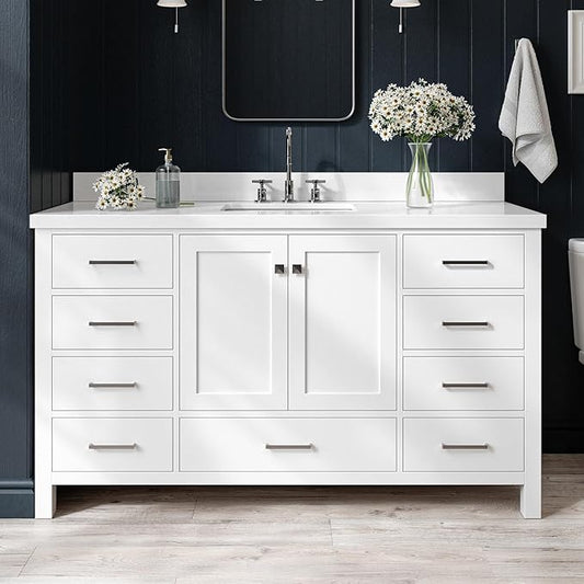 ARIEL Cambridge 60-inch Bathroom Vanity with Sink,Solid Wood, 1.5-inch Pure White Quartz Countertop & Backsplash, Single Rectangular Porcelain Sink, 2 Soft Closing Doors, 9 Dovetail Drawers, White
