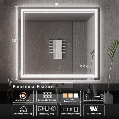 Bathroom Mirrors for Wall, 40x36 Inch Gradient Front and Backlight Lighted Mirror, 3 Colors Dimmable CRI>90 Double Lights, IP54 Enhanced Anti-Fog, Hanging Plates Wall Mount Smart Mirror
