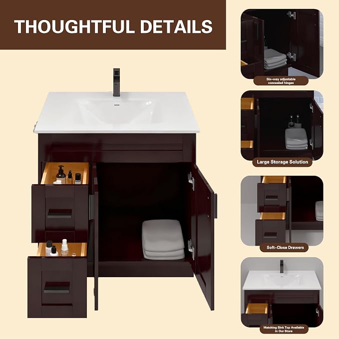 36" Espresso Shaker Bathroom Vanity Base – Ready-to-Assemble Sink Cabinet with Drawers, Freestanding Bathroom Vanity Base Only, No Top or Sink