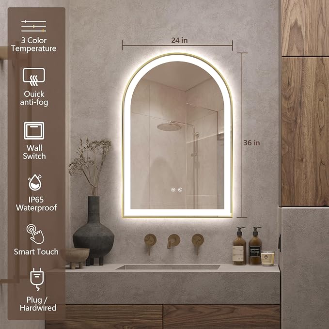Arched LED Bathroom Mirror, 36"x24" Arch Backlit Vanity Mirror with Lights, Frontlit, Dimmable, 3 Colors, Memory Function, Anti-Fog Smart Mirror, Shiny Gold Frame, Shatterproof, UL Listed