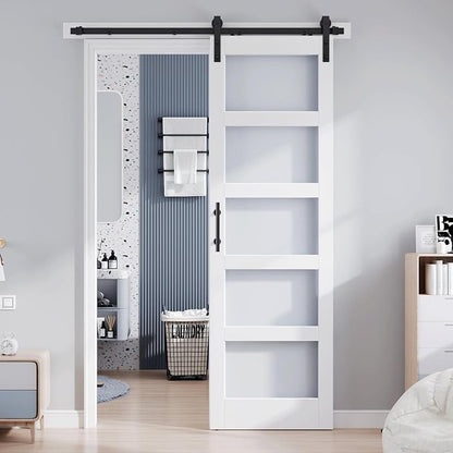 30x96 Inch Glass Sliding Barn Door Slab and 5.5ft Hardware Kit Included, 5 Frosted Glass, LVL Wood Panel Covered with White Water-Proof Scratch-Proof PVC Surface, Simple DIY Assembly