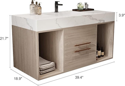 Pvillez 40 inch Bathroom Vanity with Ceramic Sink and Sinter Stone Marble Counter Top Modern Wall Mounted Floating Bathroom Sink Cabinet with 2 Drawers&2 Open Shelves&Gold Metal Handle,Oak