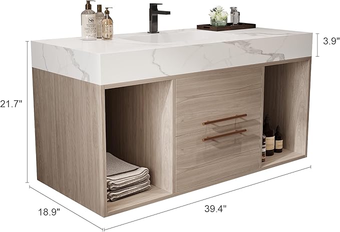 40" Modern Oak Bathroom Vanity Floating Bathroom Vanities with Ceramic Sink 40-inch Wall Mounted Bathroom Sink Cabinet with 2 Drawers&2 Open Shelves&Gold Metal Handle