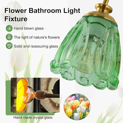 Bathroom Light Fixtures (3-Light), Vintage Brushed Gold Vanity Lights for Bathroom with Green Tulip Crystal Glass Shade, Vanity Wall Light Over Mirror for Bedroom Living Room Hallway