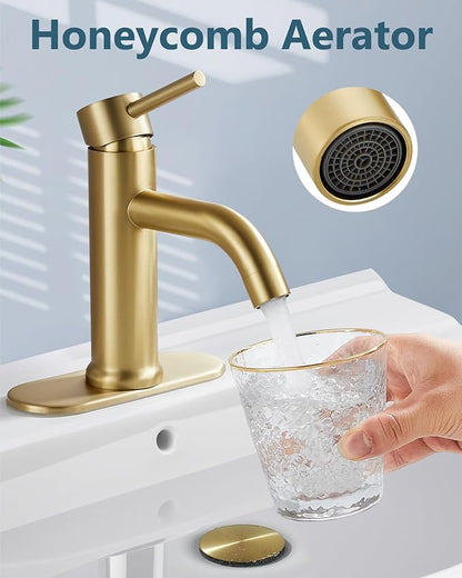 Aolemi Bathroom Faucet Single Hole,Single Handle Bathroom Sink Faucet with Supply Lines,with Pop Up Drain Assembly and Deck Plate,Brushed Gold