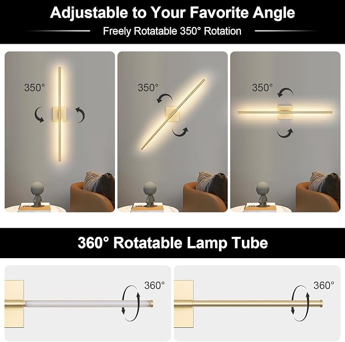 Battery Operated Wall Sconce, 3000K-6000K Dimmable Gold Wall Lights with Remote Control, Timable LED Wireless Wall Sconces, 350° Ratate for Bathroom, Living Room, Hallway 29.1 Inch 1 Pack