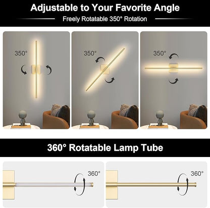 Battery Operated Wall Sconce, 3000K-6000K Dimmable Gold Wall Lights with Remote Control, Timable LED Wireless Wall Sconces, 350° Ratate for Bathroom, Living Room, Hallway 29.1 Inch 1 Pack