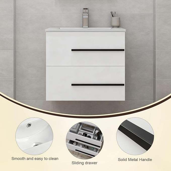 24 inch Floating Bathroom Vanity with Sink, Space Saving Fluted Design for Small Bathrooms, Drawers & Black Handles White