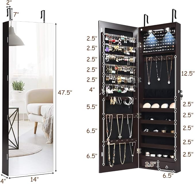 Giantex Wall Door Mounted Jewelry Armoire Cabinet with 47.5" H Full Length Mirror, 2 LEDs Lockable Jewelry Organizer Box with Bracelet Rod, 2 Drawers, Large Storage Capacity (Espresso)