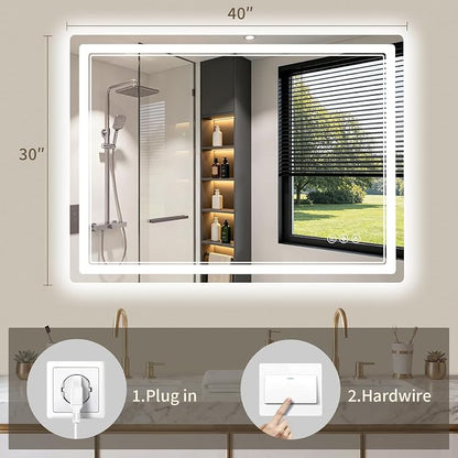 30"x40" LED Bathroom Mirror with Lights, Backlit + Front Lit, Anti-Fog, Lighted Bathroom Mirror for Wall, HD Shatterproof Tempered Glass, Dimmable, Memory Function (Horizontal/Vertical)