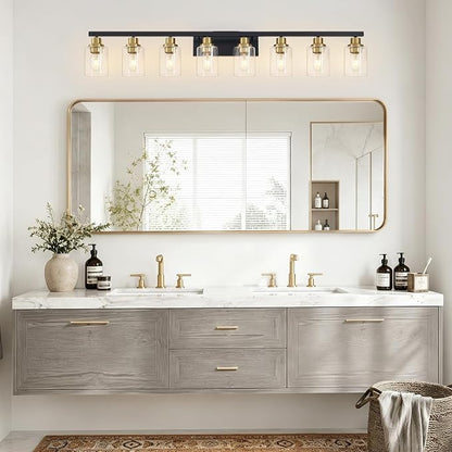 8-Light Bathroom Light Fixture Black and Gold Vanity Lights,52" | Vanity Lights for Bathroom,Clear Glass Shade,over Mirror,Modern Wall Sconces Farmhous Wall Mounted for Bathroom,E26 Base
