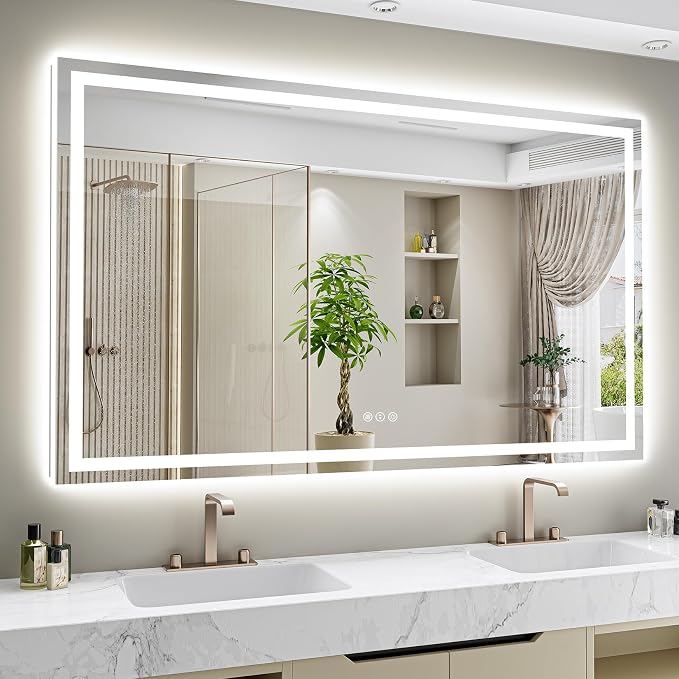 68x48 LED Bathroom Mirror with Lights, Lighted Vanity Mirror | Backlit and Front Light, Anti-Fog, 3 Color Dimmable, Memory, Tempered Glass, IP54 Waterproof, UL Listed