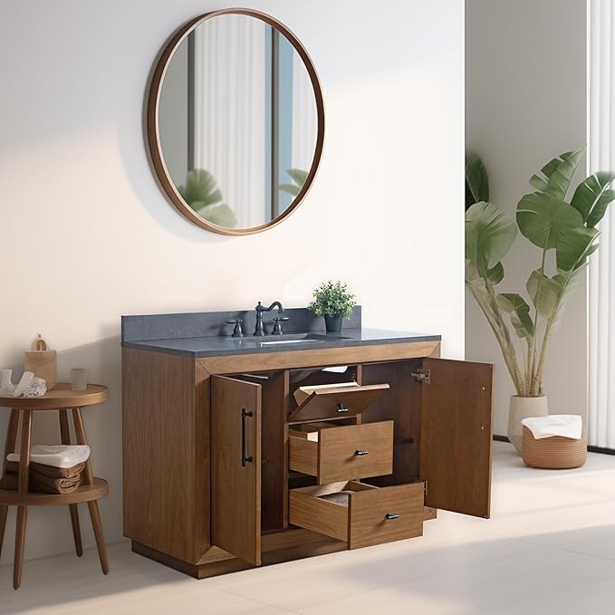 Vanity Art 48" Bathroom Vanity with Sink, Solid Poplar Wood, Vanity Cabinet with Doors and Shelf, Modern Wood Bathroom Vanity with Black Marble Top, 3 Functioning Drawers,VA70-48-T-B