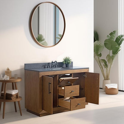 Vanity Art 48" Bathroom Vanity with Sink, Solid Poplar Wood, Vanity Cabinet with Doors and Shelf, Modern Wood Bathroom Vanity with Black Marble Top, 3 Functioning Drawers,VA70-48-T-B