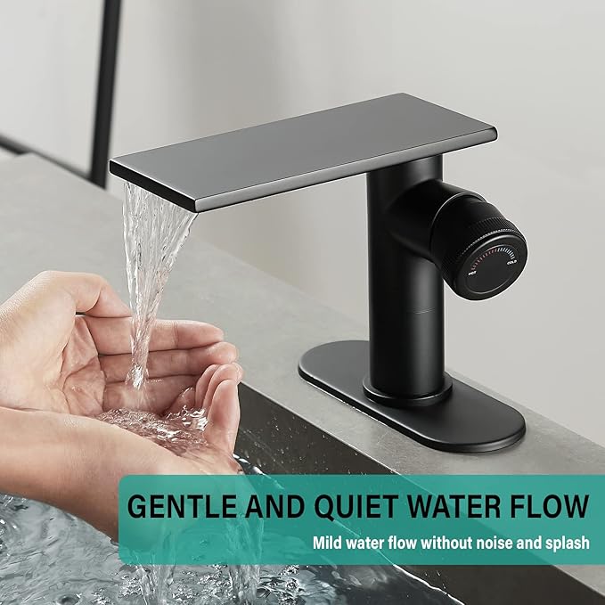 becola Modern Bathroom Sink Faucet，Black Bathroom Faucet，Waterfall Faucet for Bathroom Sink，Single Hole Cold and Hot Vanity Faucet，Single Handle Vessel Sink Faucet with Adjust Knobs and Deck Plate