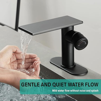 becola Modern Bathroom Sink Faucet，Black Bathroom Faucet，Waterfall Faucet for Bathroom Sink，Single Hole Cold and Hot Vanity Faucet，Single Handle Vessel Sink Faucet with Adjust Knobs and Deck Plate