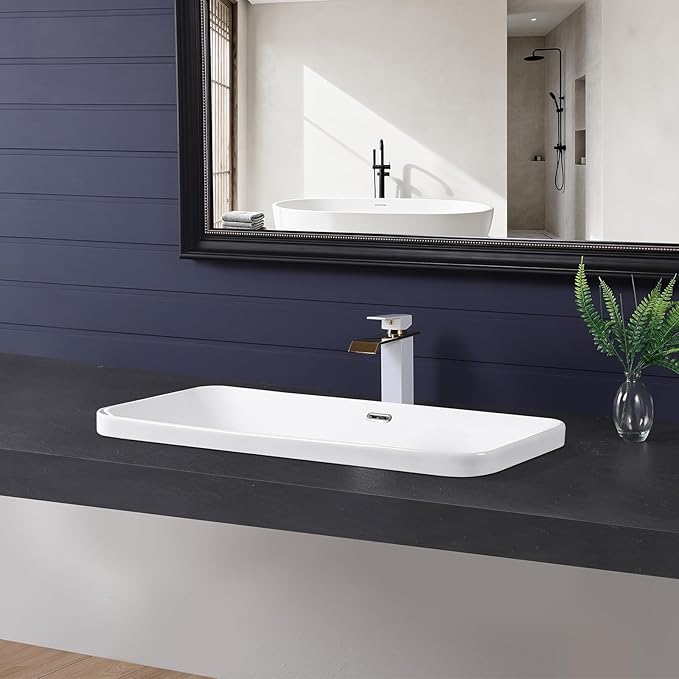 Vessel Sink 32"x17" Semi Recessed Bathroom Sink Drop-in White Bathroom Sink Porcelain Ceramic Modern Rectangular Sinks Drop-in Vanity Sinks with Overflow for Bathrooms