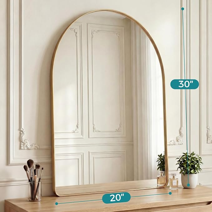 OLIXIS 30x20 Inch Arched Bathroom Wall Mirror, Rounded Rectangle, Gold | Modern Wall Mount Vanity Mirror for Over Sink with Matte Metal Deep Framed, for Home Decor, Living Room