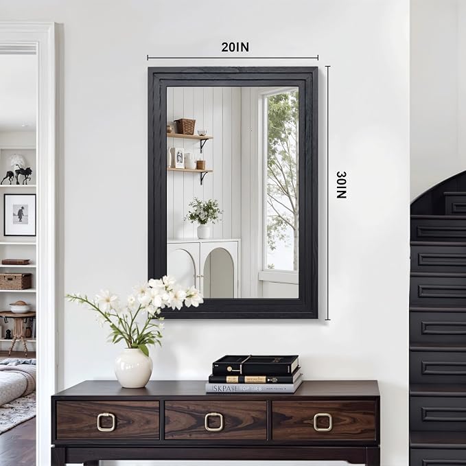 Farmhouse Rustic Wood Framed Bathroom Vanity Mirror for Wall, 20x30, Black | Recessed Stepped Solid Wood Frame, HD Shatterproof Glass, Vertical/Horizontal Mount, for Bathroom Sink, Living Room, Entryway