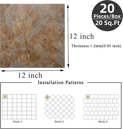 Peel and Stick Floor Tile 12 x 12 Inch Self Adhesive Marble Vinyl Flooring | waterproof and removable sticker tiles, 20-pack covers 20 Sq. Ft, DIY tiles for bedroom, bathroom, kitchen and dining room