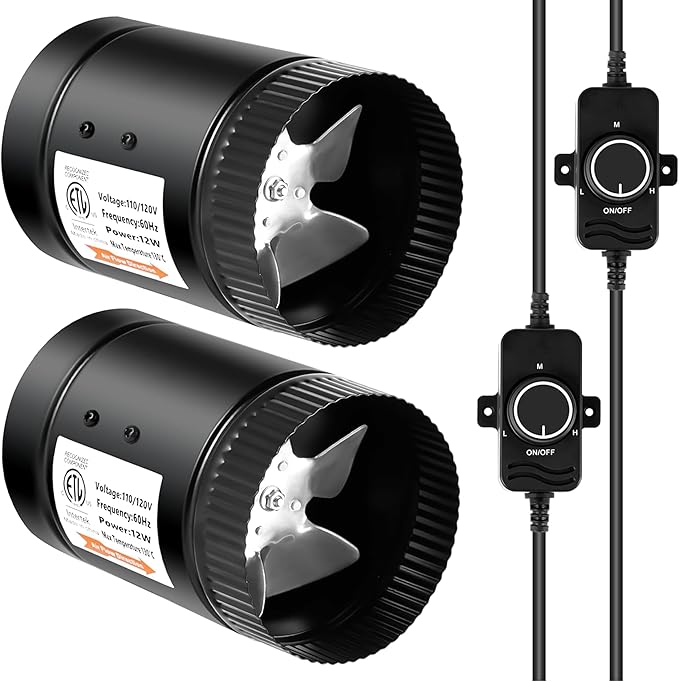 HealSmart Inline Booster Duct Fan 4" 106 CFM with Speed Controller, Inline HVAC Blower Low-Noise Exhaust Fan Basements, Bathrooms, Workshops, 2 Pack, 2 Thermometers Included