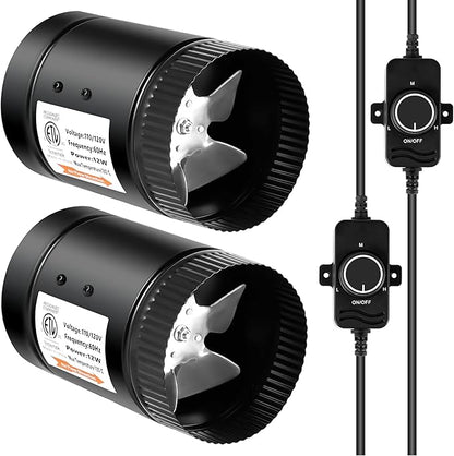 HealSmart Inline Booster Duct Fan 4" 106 CFM with Speed Controller, Inline HVAC Blower Low-Noise Exhaust Fan Basements, Bathrooms, Workshops, 2 Pack, 2 Thermometers Included