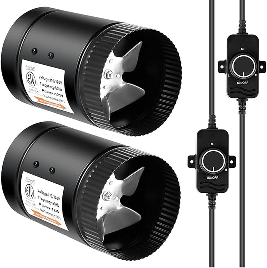 HealSmart Inline Booster Duct Fan 4" 106 CFM with Speed Controller, Inline HVAC Blower Low-Noise Exhaust Fan Basements, Bathrooms, Workshops, 2 Pack, 2 Thermometers Included