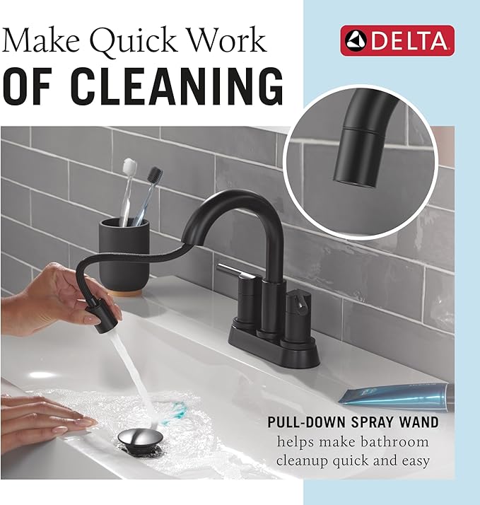 Delta Nicoli Centerset Matte Black Bathroom Faucet with Sprayer, 4 Inch 3 Hole Bathroom Sink Faucet with Pull Out Sprayer, Push-Pop Drain, Matte Black 25749LF-BLPD