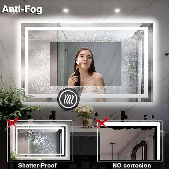 EchosLife 50"x32" LED Lit Bathroom Mirror | Backlit + Front Lit, Anti-Fog, Stepless Dimmable, 3 Colors, Memory, Tempered Glass, UL Listed, Horizontal/Vertical