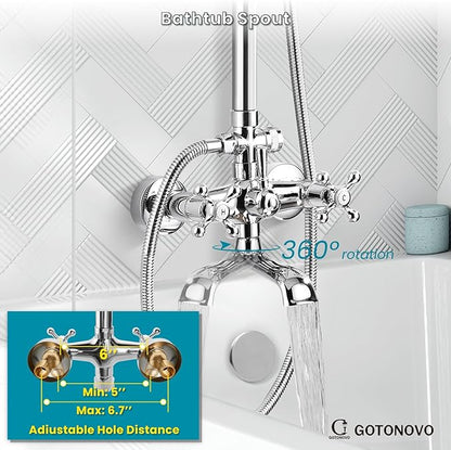 gotonovo Exposed Shower Faucet Set 8 Inch Rainfall Showerhead 3-Function Shower Fixture with Tub Spout 2 Corss Handles Shower System, Polish Chrome