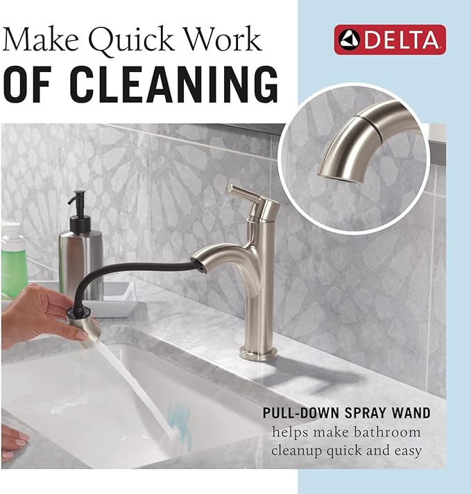 Delta Nicoli 1 Hole Pull Down Bathroom Faucet with Sprayer, Brushed Nickel Single Hole Bathroom Sink Faucet with Pull Out Sprayer for Vanity, Push-Pop Drain, Stainless 15749LF-SSPD