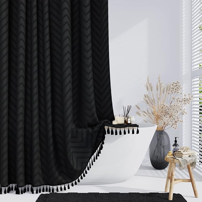 Boho Farmhouse Fabric Shower Curtain Tufted Chevron 72"x70" Black | Elegant Tassel, Soft Lightweight Textured Cloth, Water Repellent, Washable, Hotel Spa, for Bathroom/Dorm/Apartment 12 Hooks