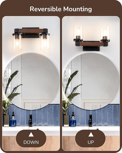 EDISHINE Farmhouse Vanity Lights for Bathroom, 2-Light Bathroom Vanity Light Fixtures Over Mirror, Painted Wood Bath Wall Sconces Lamp with Clear Glass Shade for Bedroom, Powder Room