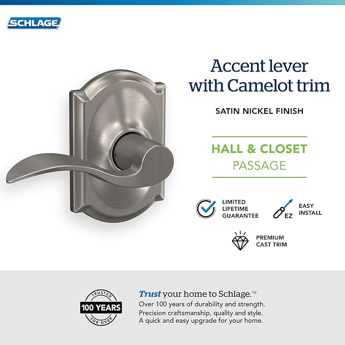 Schlage F10 ACC 619 CAM Accent Door Lever with Camelot Trim, Hall & Closet Passage Lock, Satin Nickel