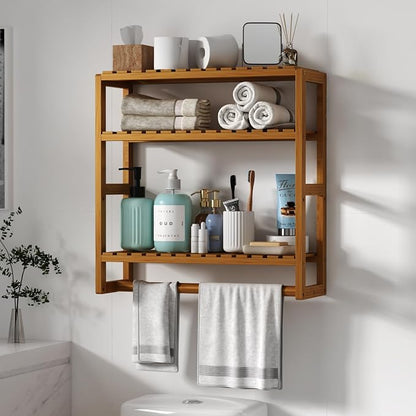 Galood Over The Toilet Storage Bathroom Shelves Wall Mounted 3 Tier Brown-L | Space Saver Corner Shelf Organizer Bamboo Towel Rack Toilet Paper Cabinet with Hanging Rod