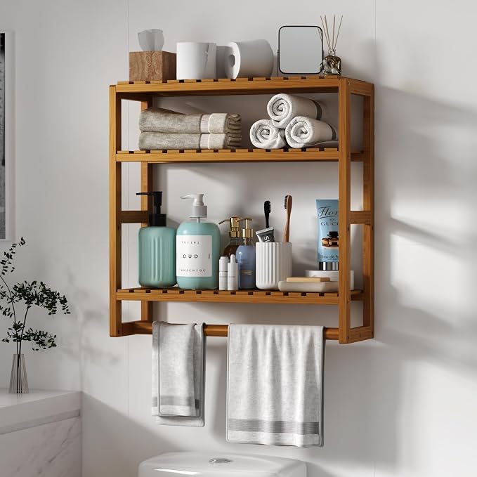 Galood Over The Toilet Storage Bathroom Shelves Wall Mounted 3 Tier Brown | Space Saver Corner Shelf Organizer Bamboo Towel Rack Toilet Paper Cabinet with Hanging Rod